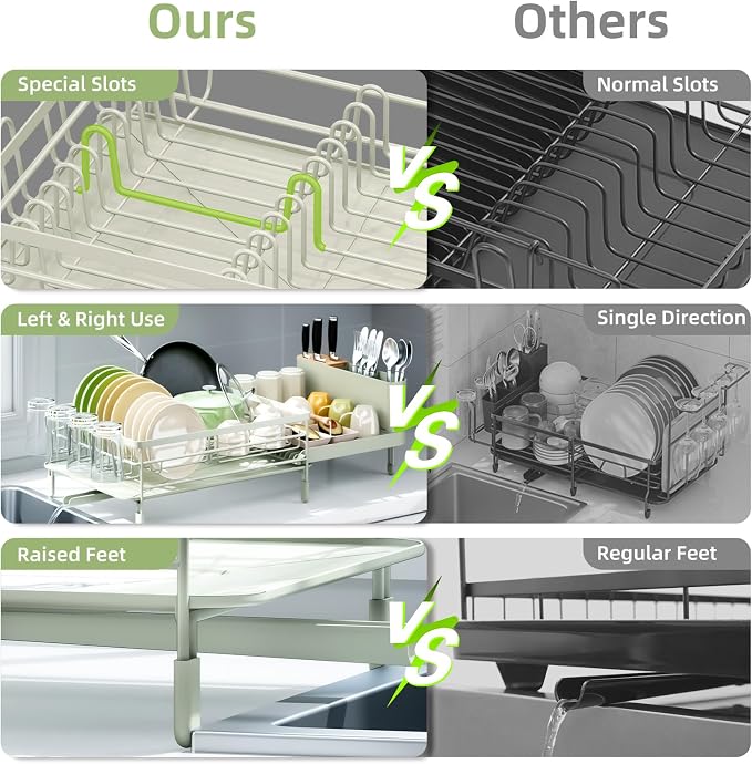 Urackify Extendable Dish Rack, 18.5"-26.7" L x 12.7" W, Soft Celery Green | Multifunctional large dish rack with cup holder and built-in cutlery holder for versatile drying needs