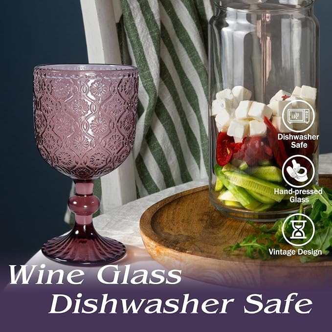 Purple pink Wine Glasses set of 6, 14 oz Purple pink Goblets Glassware (not painted or coated), Colored Vintage Glassware for Weddings, Parties, Restaurants, Bars, Cafeterias, Dishwasher Safe