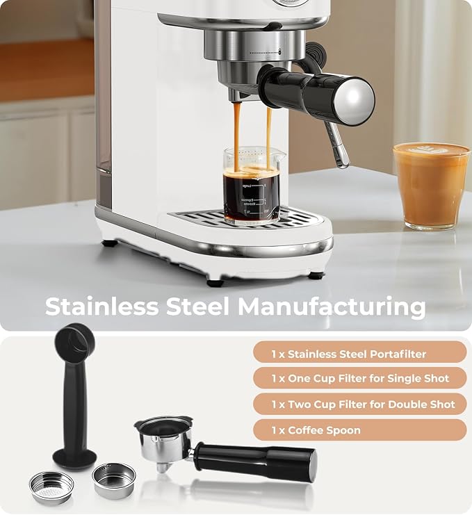 atatix 20 Bar Espresso Machine with Milk Frother, Compact Espresso Maker | Stainless Steel Coffee Machine with Precise Temp Control, 44oz Removable Water Tank for Latte, Cappuccino, White