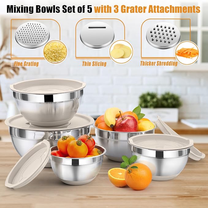 P&P CHEF Mixing Bowls with Lid Set, Nesting Bowl for Storing, Khaki | 5 Piece Stainless Steel Salad Mixing Bowls for Prepping, 3 Grater Attachments & Non-Slip Bottoms, Size 1/1.5/2 / 2.6/4.6 QT