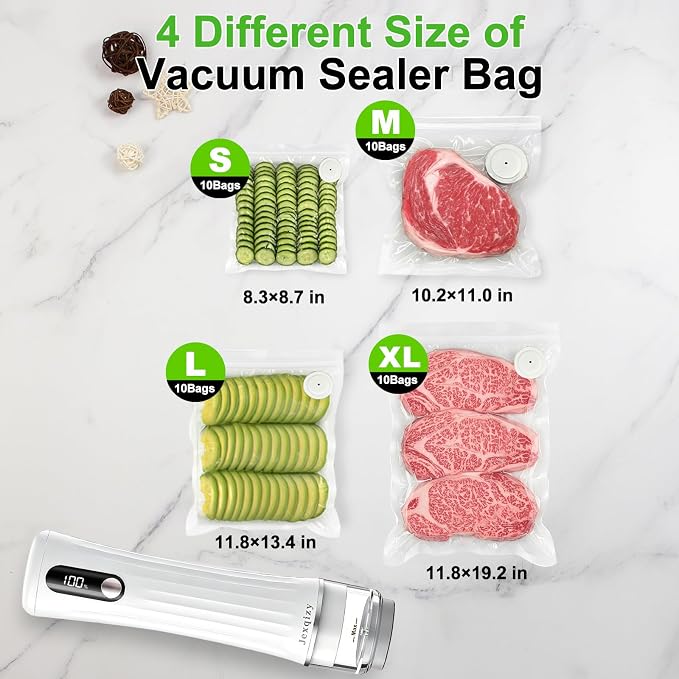 Vacuum Sealer for Food (Compact Vacuum Sealer Machine + 40 Reusable Vacuum Bags), Handheld Vacuum Food saver with LED Display for 10X Preservation, Powerful 80Kpa Portable Vacuum Sealer