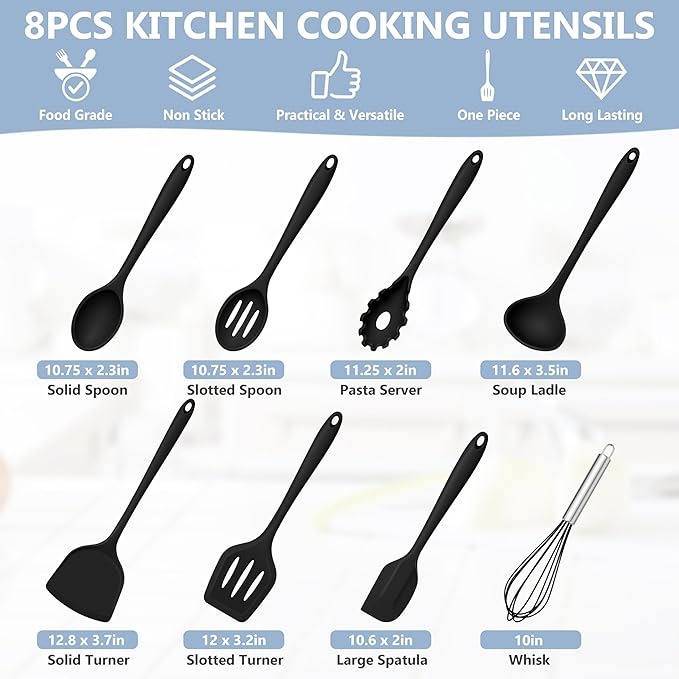 TeamFar Silicone Cooking Utensils Set, 8 PCS Kitchen Utensils Set, Black | 446°F Heat Resistant Turner, Spatula, Spoon, Whisk, Kitchen Cooking Gadgets Tools, for Nonstick Cookware, Dishwasher Safe