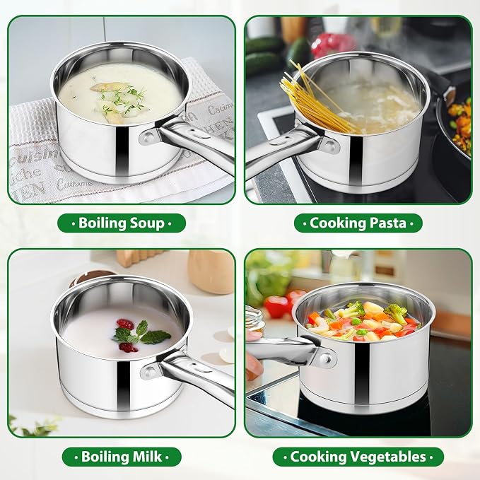 TeamFar 2 qt Saucepan, Stainless Steel Small Sauce Milk Pan with Lid | with Tri-ply Bottom for Cooking/Boiling/Stewing, For Induction/Gas/Electric, Non-Toxic & Heavy Duty, Dishwasher Safe