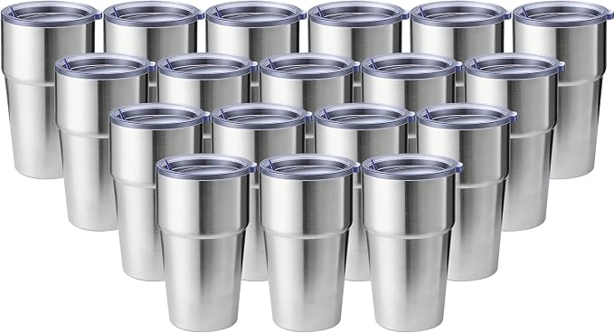 MEWAY 16oz Tumbler Double Wall Vacuum Insulated Travel Mug Bulk, Stainless Steel Tumblers with Lid, Powder Coated Coffee Cups for Cold & Hot Drinks (Silver,18 Pack Pack)