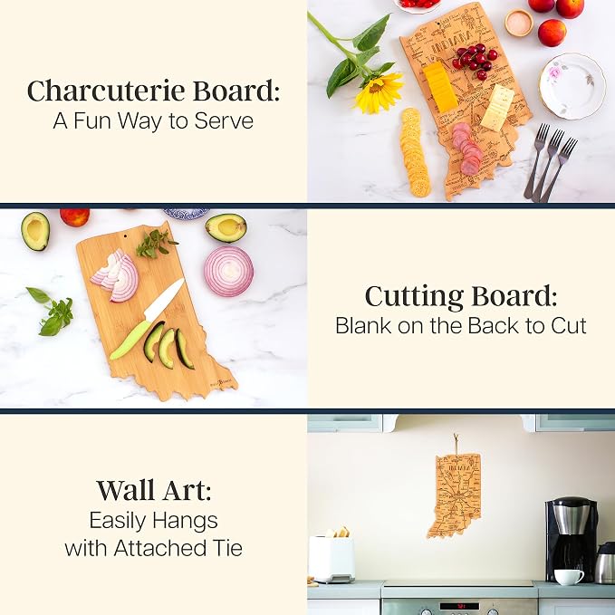 Totally Bamboo Destination Indiana State Shaped Cutting Board | State charcuterie serving board with engraved map artwork. Smooth reverse side for food prep. Hang tie for wall display.