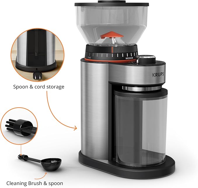 KRUPS Flat Burr Coffee Grinder 18 Settings 2-20 Cups Stainless Steel | Ultra-fine espresso to extra-coarse French press, Removable hopper and chamber, Even grinding for better flavor extraction