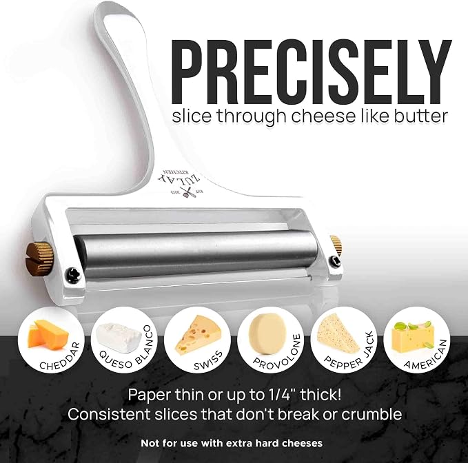 Zulay Kitchen Stainless Steel Wire Cheese Slicer - Adjustable Hand Held Cheese Cutter with 2 Extra Wires - Premium Cheese Shaver For Mozzarella, Cheddar, Gruyere - Cheese Cutter with Wire (White)