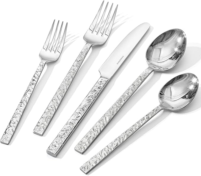 20 Pcs Hammered Silverware Set for 4, 18/10 Stainless Steel Heavy Duty Flatware Set, Tableware Cutlery Utensil Sets for Home Restaurant Dishwasher Safe