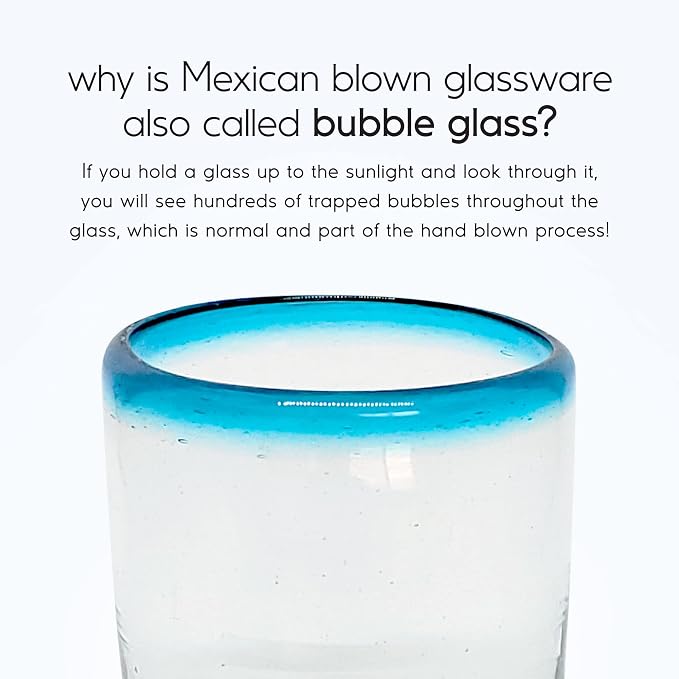Aqua Blue Rim 10 oz Tumbler Glasses (set of 6) Mexican Handmade Glassware, Recycled Glass, Lead-free, Toxin-Free (Tumbler)