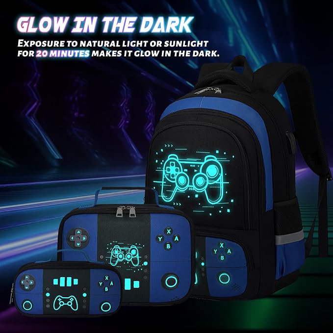 Backpack for School Boys, Cool Luminous Gamer Boys Schoolbag | with Lunch Box & Pencil Case Set for Kids Teens Elementary Middle School, Bookbag Glow In The Dark