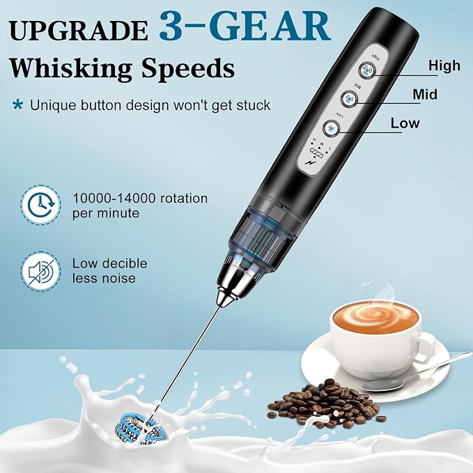 Milk Frother Wand Rechargeable Handheld Whisk Coffee 3 Speed Adjustable | Electric Whisk Drink Mixer with Stainless 3 Whisks Hand Frother , Foam Maker for Latte Cappuccino Matcha Egg Silver