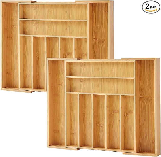 Purawood Bamboo Drawer Organizer, 2 Pack - Expandable Silverware Organizer & Utensil Organizer, Cutlery Tray with Dividers, 7-9 Slots- Premium Kitchen Organizer for Utensils & Flatware (Natural)