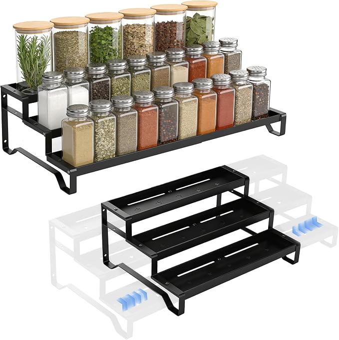 Expandable Spice Rack Organizer for Cabinet 3 Tier Spicy Shelf Black 1Pack | Adjustable Length 13"-21", Easy to See Labels, Sturdy Metal, Slip-Resistant Guardrails for Jars, Cabinet & Countertop Storage