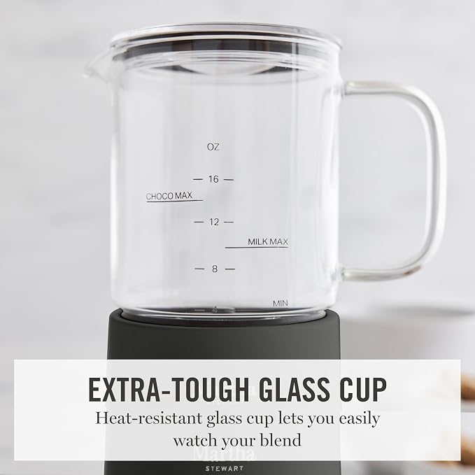Martha Stewart 10oz Milk Frother & Steamer, 4 Presets, 300ml Glass Pitcher | Light, Dense, Cold Foam & Hot Chocolate, Ready in 90 Seconds, Cordless Pouring, Runs Quiet, Almond, Soy & Oat Milk, Caviar