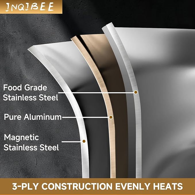 Inqibee 10" Skillet & 6 QT Saute Pan with Lid, Tri-ply Stainless Steel Set | Deep Frying Pan Cookware, Detachable Handle, PFOA & PFOS Free, Jumbo Cooker, Induction Cooking Pan, Dishwasher & Oven Safe