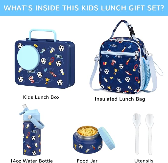 Bento Lunch Box for Kids Adult, Leakproof 3-4 Compartment Bento Box Set with Insulated Food Jar,Water Bottle, Lunch Bag, School Lunch Container for Toddler Teen Girls Boys Ages 3+(Football)