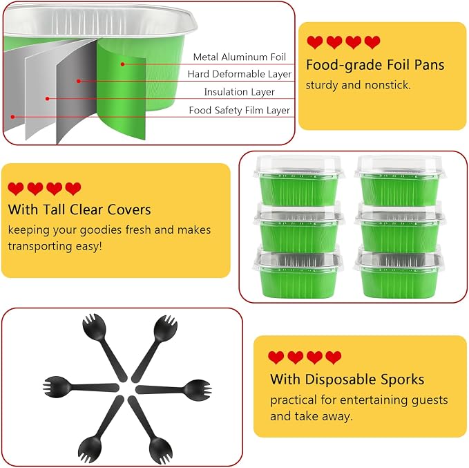 LNYZQUS 10oz Mini Cake Pans with Lids, Small Cinnamon Roll Containers | 40 Pack, Individual, Green, Disposable, Aluminum Foil, Square Baking Tins, 4 Inch Dessert Cups for Bake Sale Treats