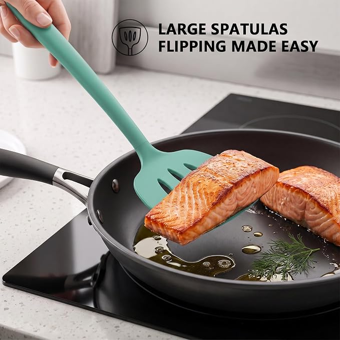 Coukre 3 Pack Silicone Spatula Set, Heat Resistant to 500°F, BPA-Free | Fish Spatula, Solid & Slotted Turners, Dishwasher Safe, Spatula Set for Eggs, Pancakes, Fish & Burgers, PureAquaGreen