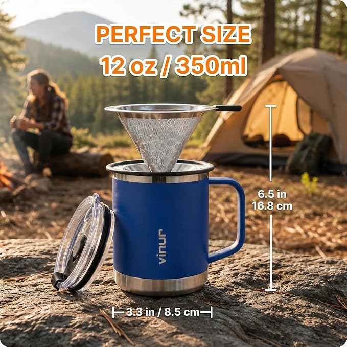 VINUR Insulated Pour Over Coffee Maker-12 oz Stainless Steel Coffee Maker | Stainless Steel Vacuum Insulated Coffee Maker With Stainless Steel Filter for Home, Camping, Gift for Men & Women (Navy)