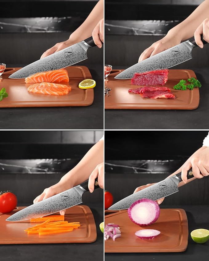 8" High Carbon Stainless Steel Kitchen Chef Knife, Blackwood Handle, Textured Anti-Stick Blade, Rustproof & Dishwasher Safe, Effortless Chopping, Premium Gift Box