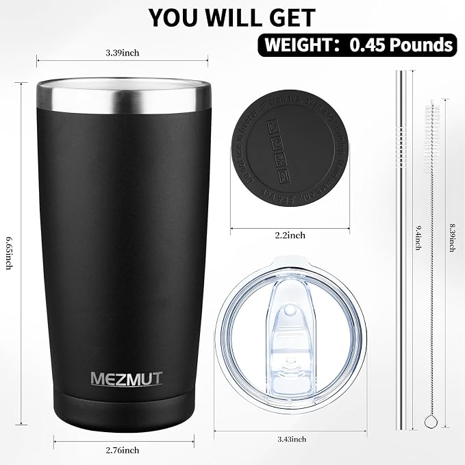 MEZMUT 20oz Insulated Tumbler Cup Travel Coffee Mug with Lid(Black,4 Pack) | Stainless Steel Double Wall Vacuum Spill Proof Metal Tumbler Bulk with Lid and Straw, Hot or Iced Coffee Cup for Man Women