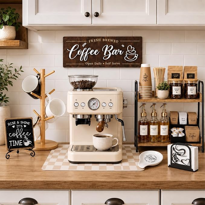 7 PCS Coffee Bar Accessories Set, Farmhouse Coffee Station Organizer Kit | Kitchen Coffee Table Decor for Countertop, Napkin Mug Holder Spoon Rest Tray Mat Sign, Kitchen Home Decor Gifts for Men Women