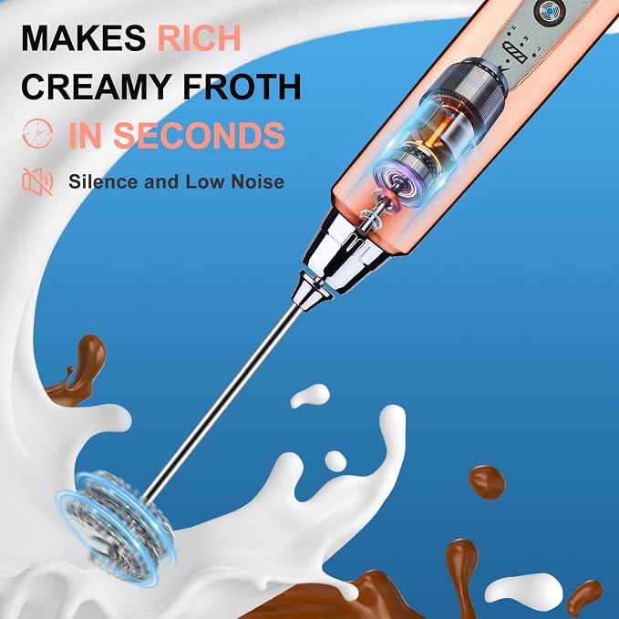 YUSWKO Handheld Milk Frother Wand for Coffee, Rechargeable Electric Whisk with 3 Heads 3 Speeds Drink Mixer Coffee Frother For Latte, Cappuccino, Hot Chocolate, Egg, Rose Gold with Holder