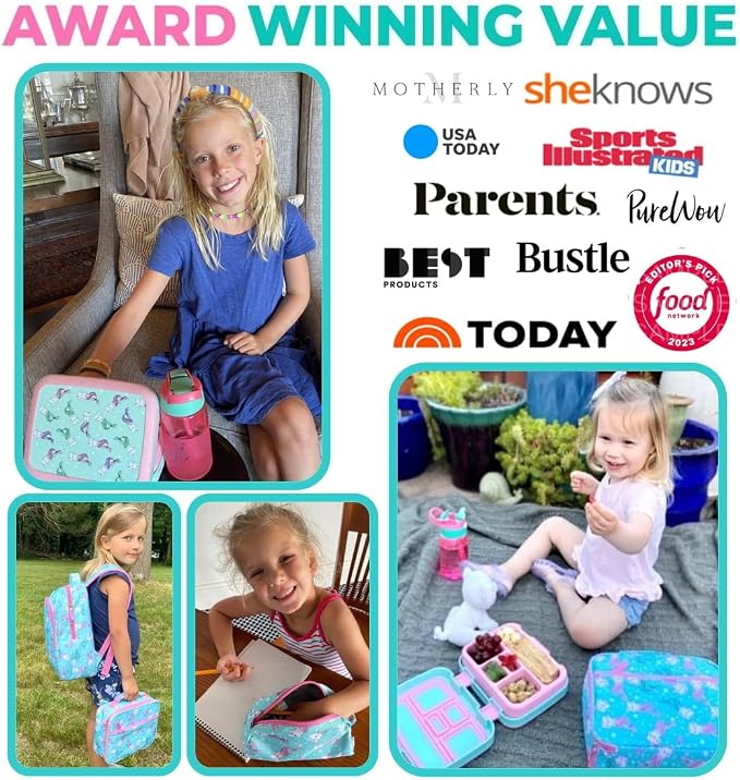 kinsho Bento Lunch Box Set with Thermo Bag & Ice Pack Pink Aqua Cat Mermaid | 5 Compartments, Removable Tray, Small Meal Snack Container for Kids Toddlers, Daycare Pre-School Kindergarten, Steel Food Jar