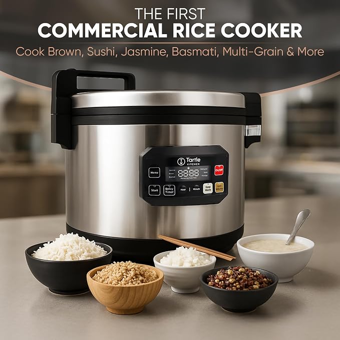 TK Commercial Rice Cooker 64 Cup - Multi-Grain, Brown Rice & More, 7h Warm | For white, brown & mixed-grain rice; 32 cups raw ready in 45min; 8 cooking modes; 3D heating; Swappable TK pot; Cup & scoop