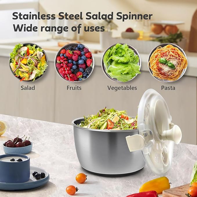 Salad Spinner Drainable Quick Spin Fruit Vegetable Dryer | 5.3 quart large capacity stainless steel multifunctional colander washer with drain outlet to clean fruits quickly
