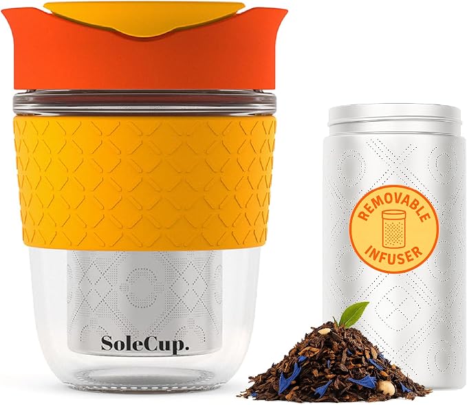 Travel Mug Loose Tea Infuser - Detachable Tea Strainer with Spillproof Lid - BPA-Free Reusable Glass Travel Coffee Cup with Silicone Band (Red, 12oz)
