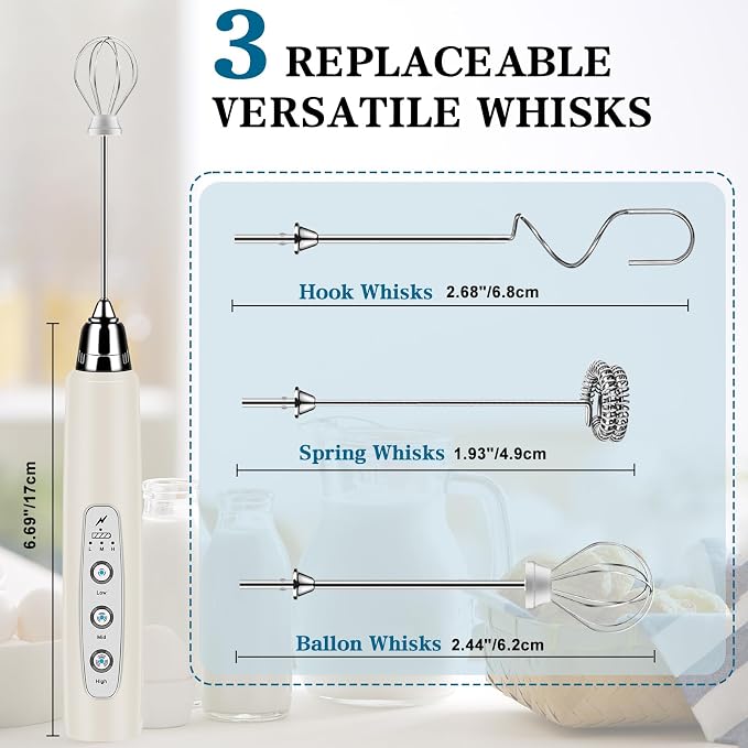 Milk Frother Wand Rechargeable Handheld Whisk Coffee 3 Speed Adjustable | Electric Whisk Drink Mixer with Stainless 3 Whisks Hand Frother , Foam Maker for Latte Cappuccino Matcha Egg Silver