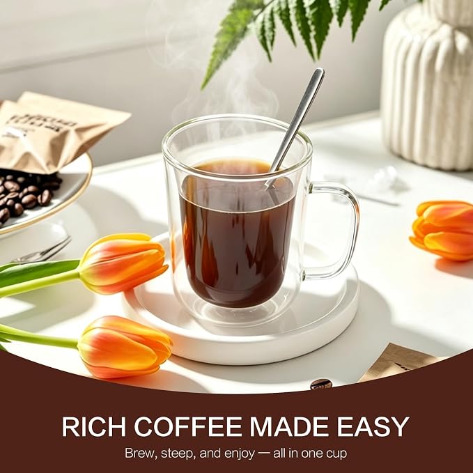 Pour Over Coffee Maker with glass Cup, 2-in-1 Immersion & drip coffee maker, Stainless Steel reusable coffee filter, Fits 3.3–4 Inch Cups, manual coffee brewer for Home Office Travel