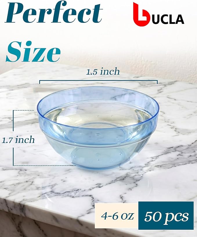 bUCLA 50 Pack Plastic Prep Bowl Sets, 6oz Clear Blue Small Pinch Bowls | Small Bowls for Salt, Spices, Chopped Ingredients, Dipping Sauces, Ice Cream Toppings, Pudding