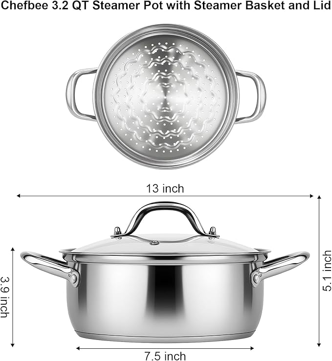 3.2QT Stainless Steel Steamer for Cooking with Food Steamer Basket | Healthy Steaming Pot, Multi-use Kitchen Cookware, For Vegetables Dumplings Soup and Food Preparation, Daily Kitchen Cooking