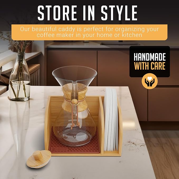 Pour Over Caddy with Lid for Chemex Bodum Cosori Coffee Makers Brown | Handmade Bamboo Stand, Lid, Filter Holder, Heatproof Mat for a Cleaner Coffee Station