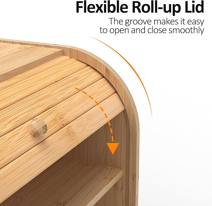 Bamboo Bread Box Roll Top for Kitchen Countertop Breadbox Storage | Roll Top Bread Box with Sliding Lid,Large Double Layer with Adjustable Middle Shelf