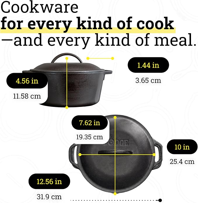 Lodge Cast Iron Set - 4-Piece Set - Pre-Seasoned Kitchen Set - Skillet, Griddle & Dutch Oven Included - PFAS-Free Non-Toxic Cookware