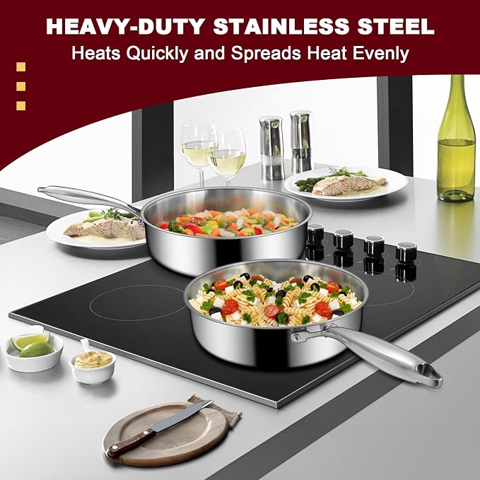 EWFEN 12 Inch Tri-Ply Stainless Steel Frying Pan, Compatible with All Cooktops Up to 600℉, Large Frying Pan Induction-Ready Skillet, Dishwasher and Oven Safe, Even Heat
