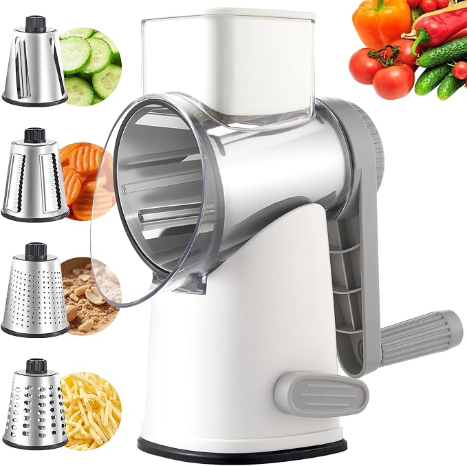 Weltonhm 4 in 1 Large Cheese Grater Hand Crank (White Grey 4 Graters) | Cheese Shredder Rotary and Slicer with 4 Stainless Steel Blades for Vegetables, Veggie and Cheese, Stronger Suction Base