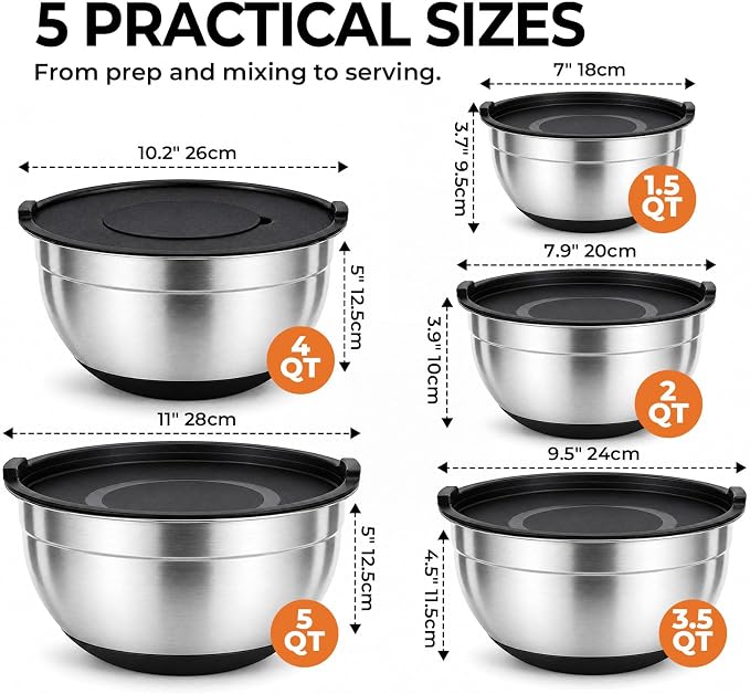 Stainless Steel Mixing Bowls with Lids Set Nesting Metal Prep | 201 steel bodies silicone non-slip base seperate lids 3 grater slicer blades for baking meal prep salads and marinating