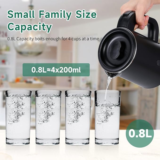 0.8L Small Travel Electric Tea Coffee Kettle | 600W Rapid Boil,Double Wall,Auto Shut-Off,Boil Dry Protection,Hot Water Boiler