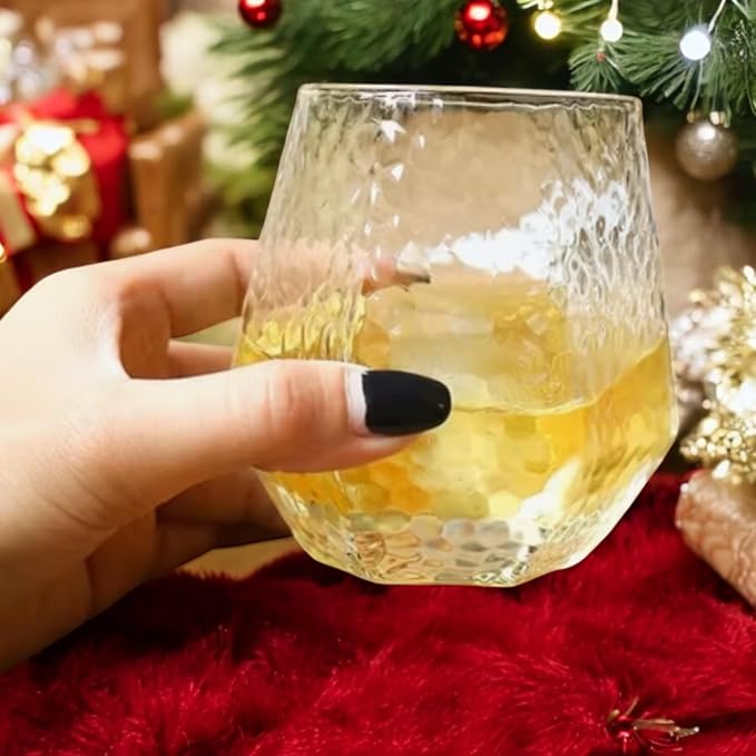 40 Pack Disposable Plastic Wine Glasses 12 oz Diamond Stemless Clear Cups | Cocktail Whiskey Champagne, Shatterproof BPA-Free Reusable Recyclable, Hammered Design for Wedding Party Birthday