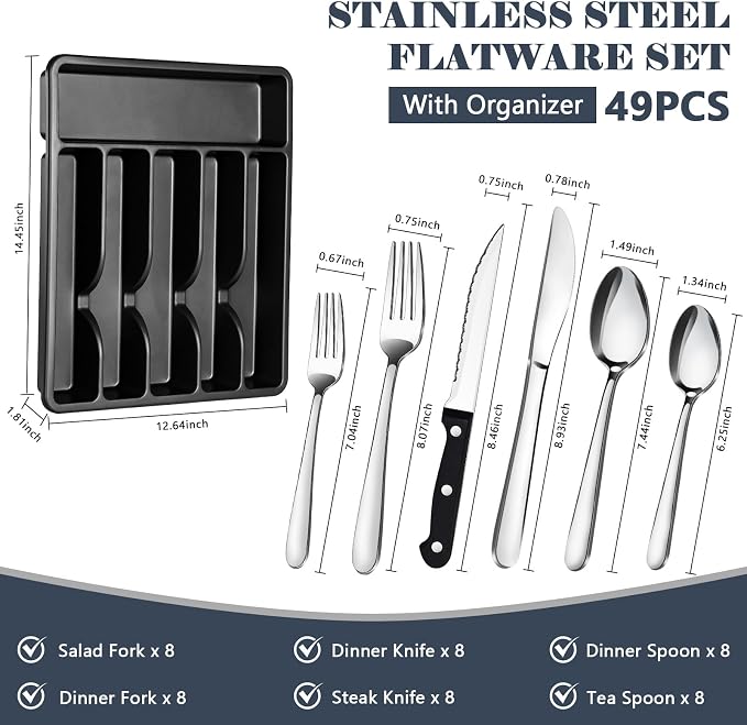 BEWOS 49 PCS Silverware Set - Stainless Steel Silverware Set with Organizer for 8, Flatware Set Included Steak Knives and Drawer Organizer, Mirror Polished, Dishwasher Safe