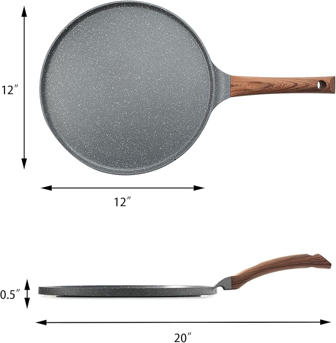 SENSARTE 12 Inch Nonstick Crepe Pan Granite Coating Pancake Pan Gray | Swiss Granite Coating Dosa Pan Pancake Flat Skillet Tawa Griddle with Stay-Cool Handle, Induction Compatible