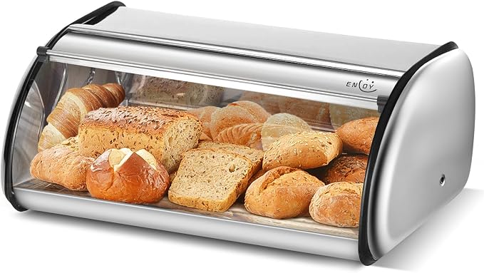 ENLOY Bread Box for Kitchen Counter, Stainless Steel Roll Top Bread Bin, Sliver Bread Storage Holder with Lid, Large Capacity Bread Keeper, 17 x 11 x 7 Inches