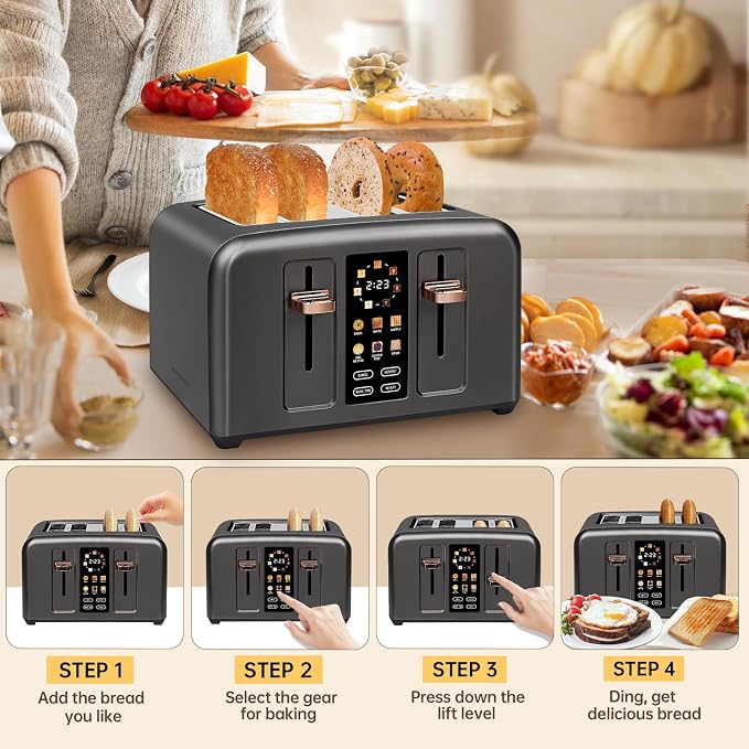 SEEDEEM Touchscreen Toaster 4 Slice, 7 Shade, Stainless, 1800W Dark Metallic