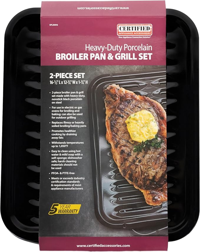 Large 2-Piece Broiler Pan & Grill Set Porcelain-on-Steel 16-1/2"x12-3/4"x1-3/4", Universal, Whirlpool, Broiler Pan for Oven, Black