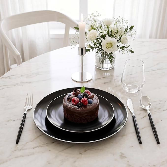 DaYammi 30 Guests Black Plastic Plates with Disposable Silverware,Silver Cutlery with Black Handle,Silver Disposable Dinnerware:60 Dinner/Dessert Plates,90 Plastic Silverware Set for Party Wedding