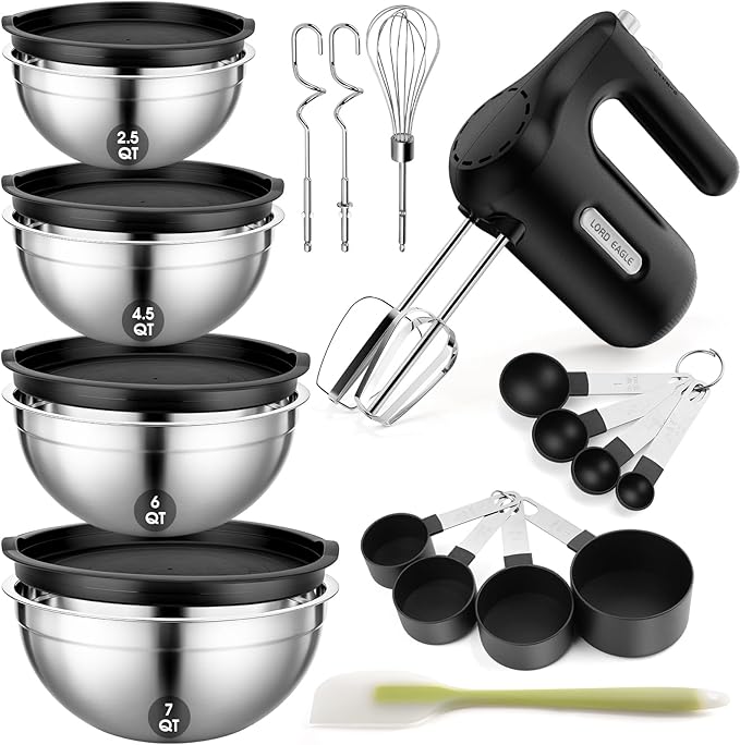 Lord Eagle 5-Speed Hand Mixer Electric With 4 Mixing Bowls Set | 300W Lightweight Kitchen Handheld Mixer with Measuring Cups & Spoons, Stainless Steel Bowls, Baking Supplies for Cake, Black